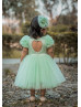 Short Sleeves Mint Tulle Pearls Beaded Fashion Flower Girl Dress